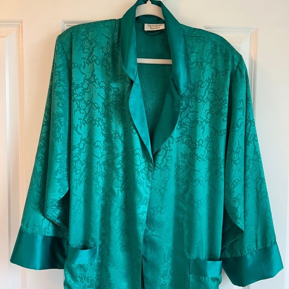 Vintage 90s Victoria's Secret Gold Label Emerald Green Satin Floral Robe Size M - Picture 3 of 8